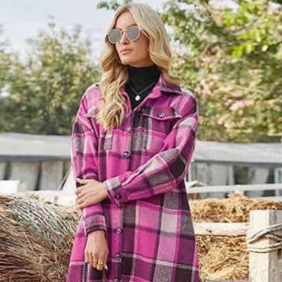 Miss Sparkling boutique shacket flannel long jacket fuchsia pink Barbie chic L - Picture 5 of 14